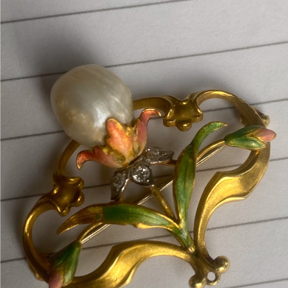 Antique Bippart & Co Art Nouveau 14K Gold, Diamond & Baroque Pearl BroochPendant